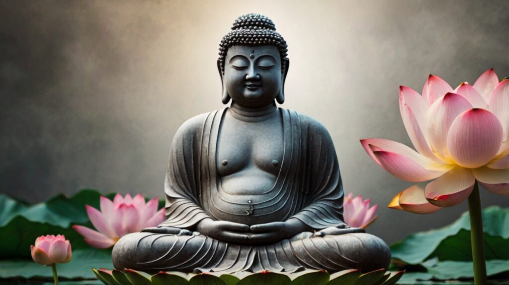 A Buddha is sitting on a lotus throne.